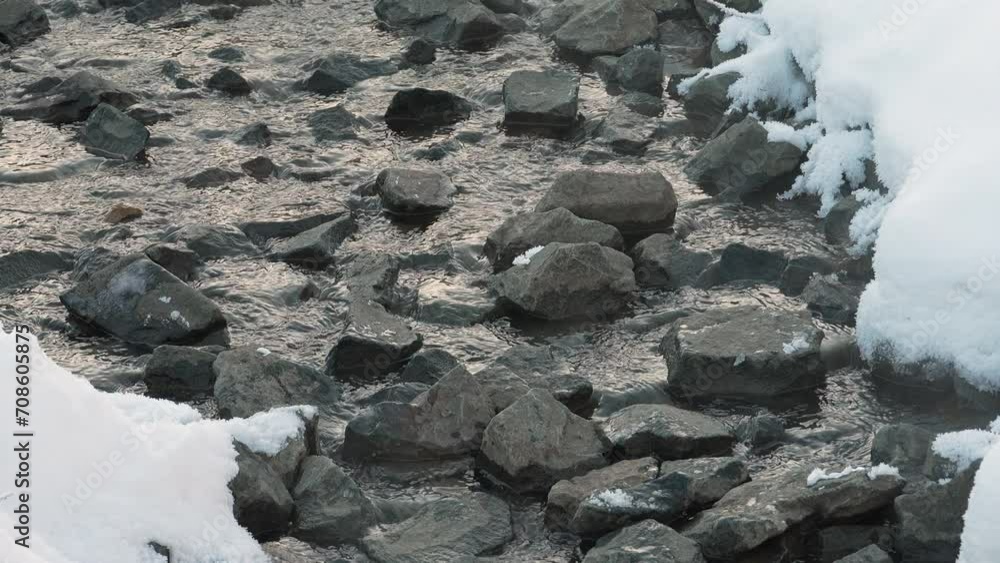 Fast rocky non-freezing stream in winter, slow motion Fast rocky non-freezing stream in winter, slow motion