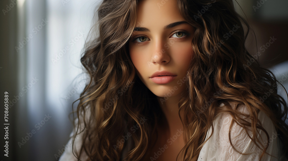 Attractive woman with makeup natural beauty. A portrait of a young woman with voluminous, wavy brown hair and captivating green eyes, gazing thoughtfully Attractive woman with makeup natural beauty. A portrait of a young woman with voluminous, wavy brown hair and captivating green eyes, gazing thoughtfully