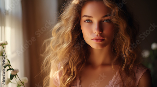 Attractive woman with makeup, natural beauty. Portrait of a young woman with golden curly hair and soft features, backlit by warm sunlight © mikeosphoto