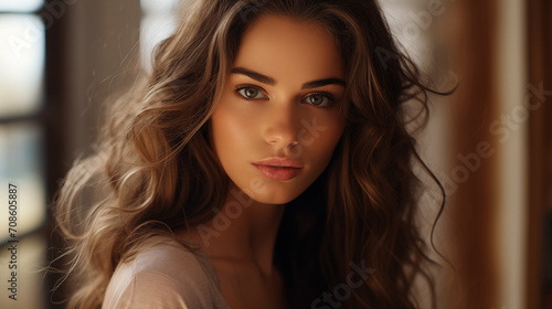 Attractive woman with makeup  natural beauty. Close-up portrait of a young woman with captivating hazel eyes and voluminous  wavy brown hair  softly backlit in a warm indoor setting