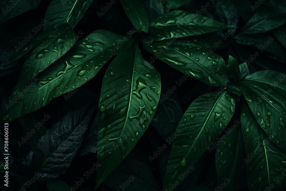 Fototapeta premium Dark Green Leaves Close-Up on Black Background, Vibrant Nature Image for Stylish Wallpaper Concept