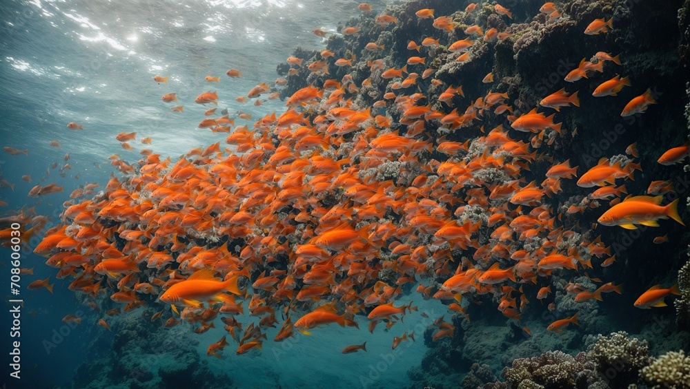  a world of wonder as a massive school of colorful fishes swim gracefully through the icy depths of the ocean, surrounded by towering cliffs and rocky sea beds