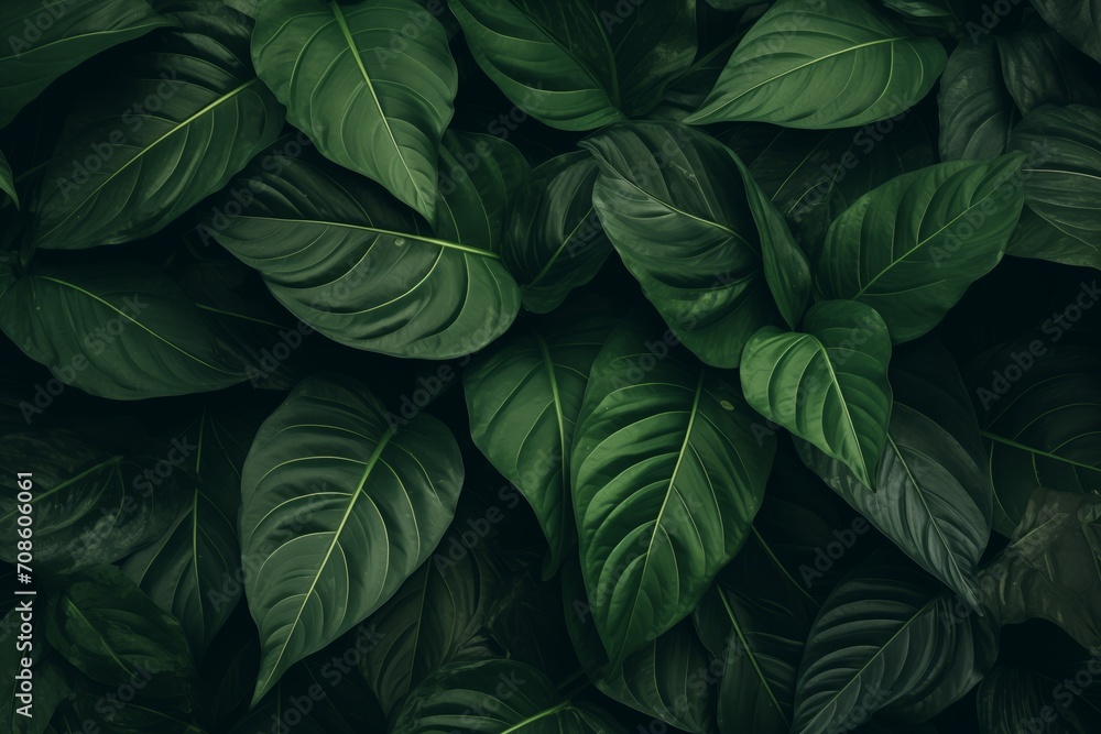 Dark Green Leaves Close-Up, Vibrant Image on Black Background, Nature Wallpaper Concept