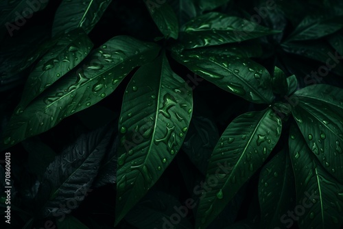 Dark Green Leaves Close-Up on Black Background, Vibrant Nature Image for Stylish Wallpaper Concept