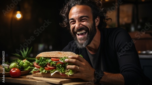 Laughing man eating a large sandwich photo