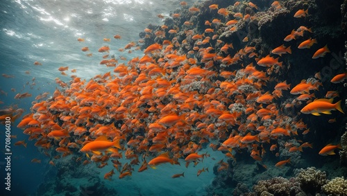  a world of wonder as a massive school of colorful fishes swim gracefully through the icy depths of the ocean, surrounded by towering cliffs and rocky sea beds © LIFE LINE