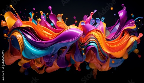 Abstract Paint Splash on Black Background, Colorful Liquid with Wavy Lines, Dynamic Futuristic Concepts in Motion