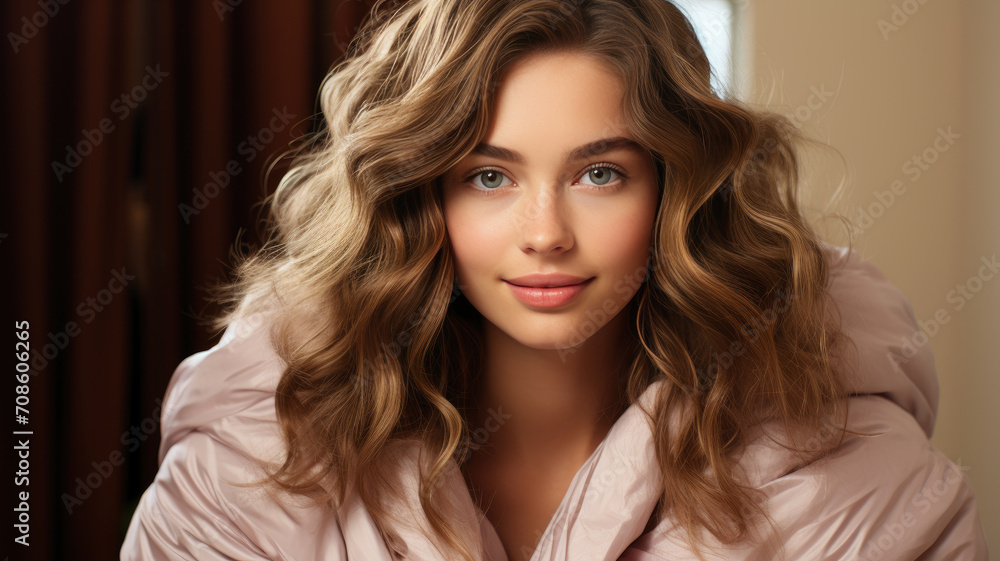 Serene Beauty in Relaxed Home Setting: Young Woman with Voluminous Hair - Ideal for Hair Care and Beauty Products, Natural Elegance Concept - AI Generated Serene Beauty in Relaxed Home Setting: Young Woman with Voluminous Hair - Ideal for Hair Care and Beauty Products, Natural Elegance Concept - AI Generated