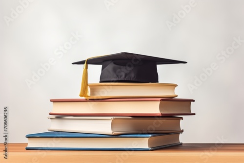 Graduation Cap, Diploma, Stack of Books, Educational Concepts for Diploma, Academic Achievement Still Life Scene