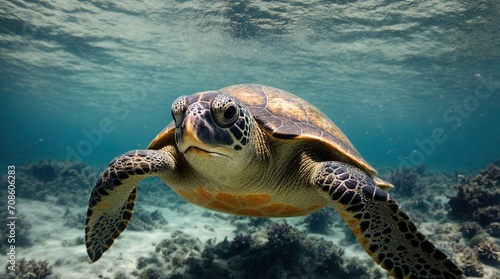 turtle sliding in the glistening blue water © RIDA BATOOL