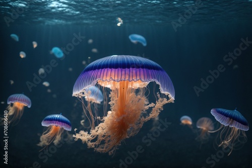  beauty jellyfish gracefully gliding through the dark blue depths of the ocean