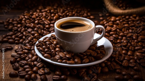 Coffee cup surrounded by coffee beans, illustrating its origins