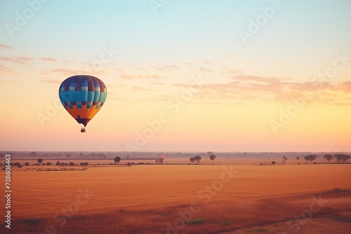 Sunset Balloon Flight, Hot Air Balloons Soar Over Yellow Rice Fields, Evening Sky Beauty with Floating Balloons