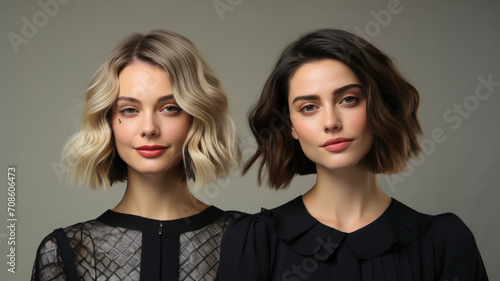 Timeless Elegance in Fashion: Sophisticated Women with Chic Lob Haircuts - Ideal for Hair Care and Salon Marketing, AI-Generated photo
