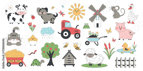 A collection of farm animals drawings on a white background. Vector doodle design in cartoon style.