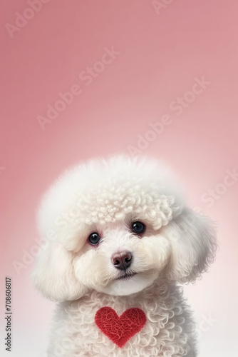 A sweet white bichpoo bichon poodle with a red heart and pink background with copy space for an ad or webpage