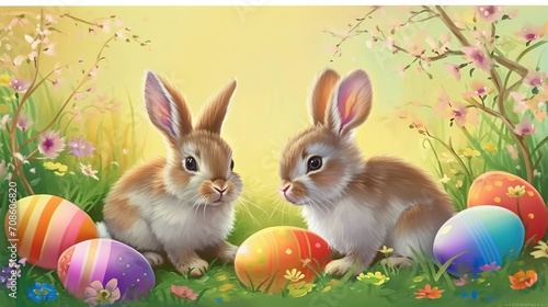 Easter bunny sitting on multi-colored Easter eggs  on the background of nature