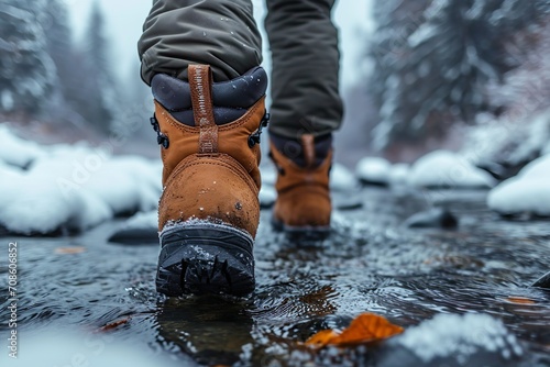 Man wearing warm winter boots walks in snow.