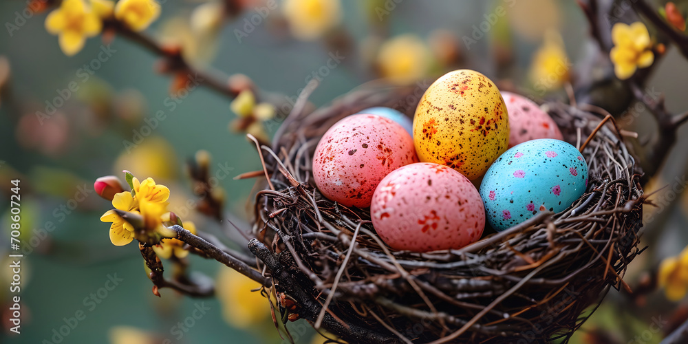 Colored Easter eggs hidden in birds nest on tree in garden, close up. Easter hunt concept. Colored Easter eggs hidden in birds nest on tree in garden, close up. Easter hunt concept.