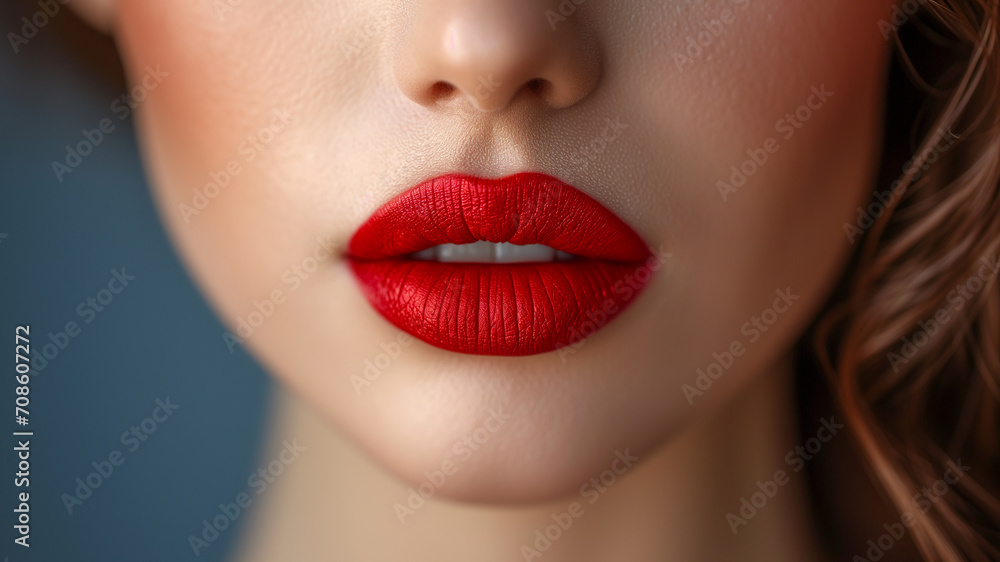 Fototapeta premium Lips with bright lipstick of beautiful young lady. Facial make-up. Gray studio background.