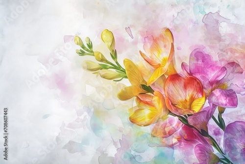 Art floral background with Freesia flowers  copy space.