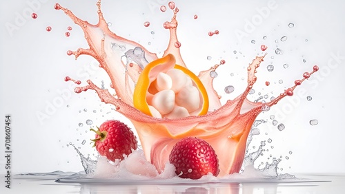 Lychee with splashes of juice close-up, isolated on a white background