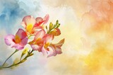 Background with watercolor Freesia flowers, copy space.
