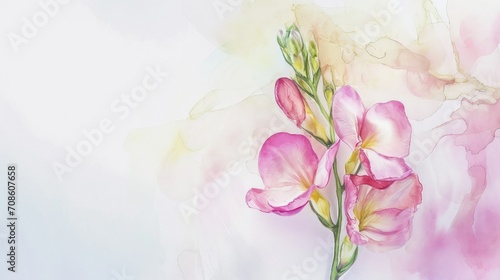 Multi-colored freesias flower watercolor illustration, copy space.