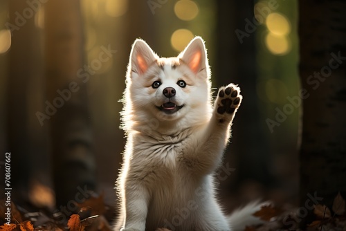 A Siberian husky in the forest holds its front paws up.