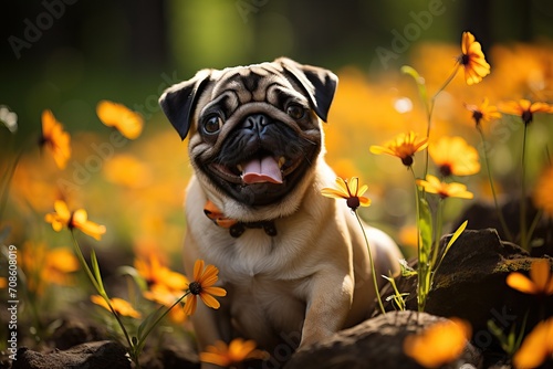 Happy pug with tongue sticking out near yellow flowers in the park. photo