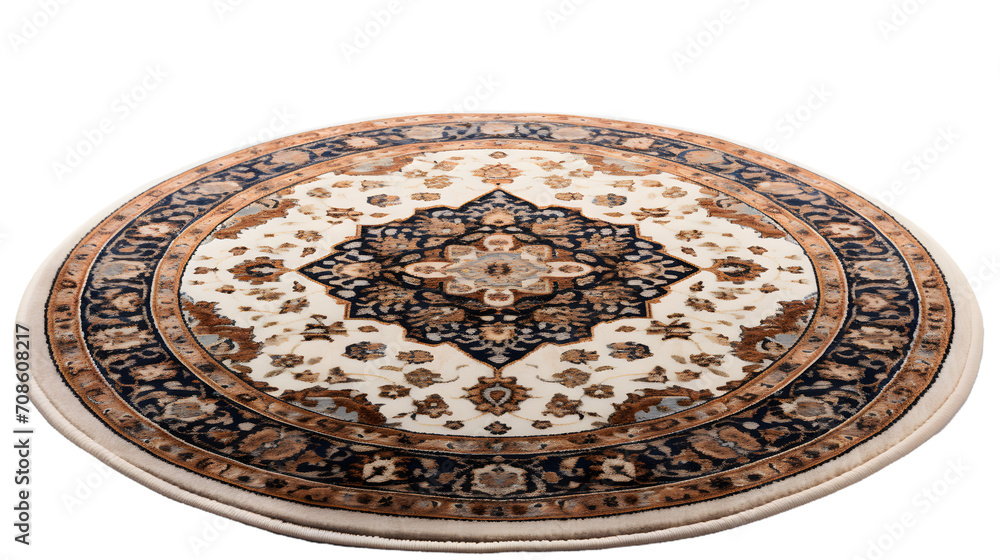 Experience the beauty of traditional art in your home with a stunning circular rug adorned with intricate ceramic motifs, reminiscent of a hand-painted platter