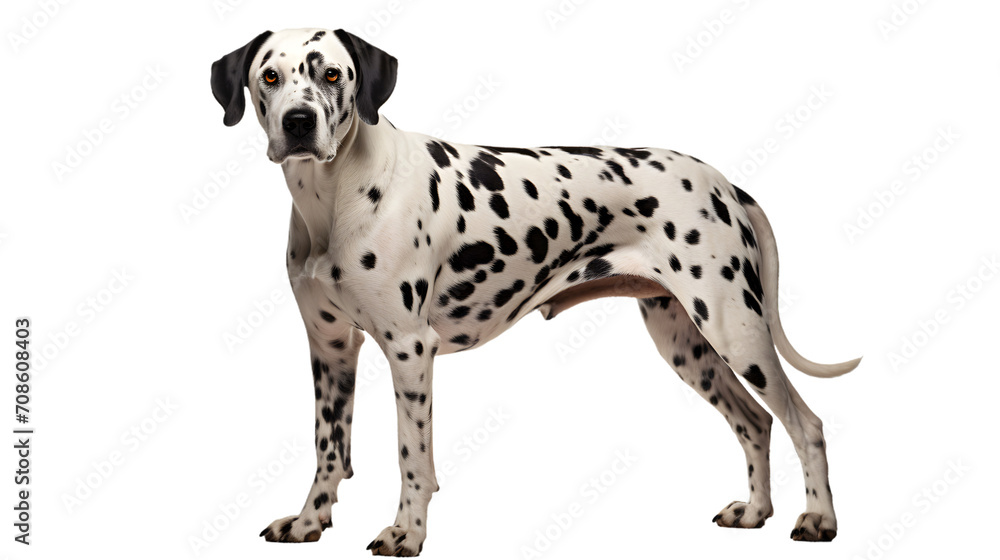 A loyal dalmatian stands confidently, showcasing its distinct black and white coat against a dark backdrop, reminding us of the unwavering bond between humans and their furry companions