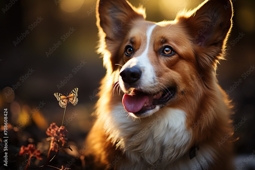 Red corgi face close-up. Red dog at sunset. Red corgi face close-up. Red dog at sunset.