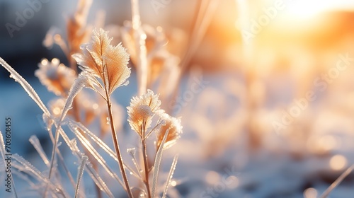 An outdoor scene during the winter, with frozen plants with snow-covered ground, lit by the rising sun, Generative AI. © Electro Unicorn
