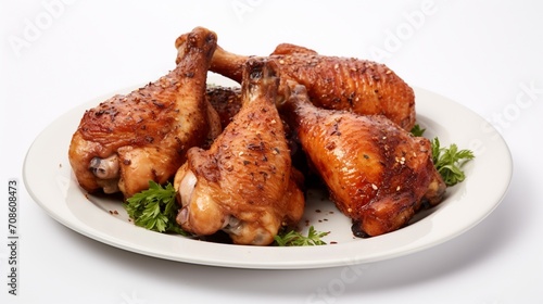 a plate of rosted chicken legs against a white background. photo
