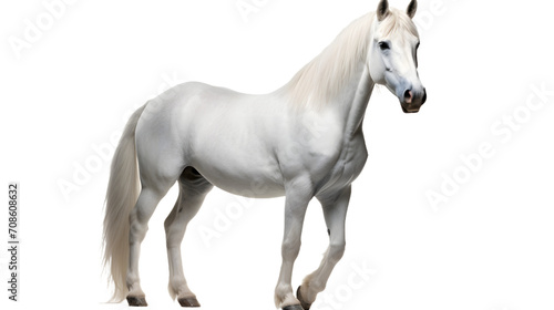 A majestic white mustang horse stands proudly in the outdoor sunlight  its long mane flowing gracefully in the wind as it gazes out with its powerful snout  exuding a sense of strength and beauty as 