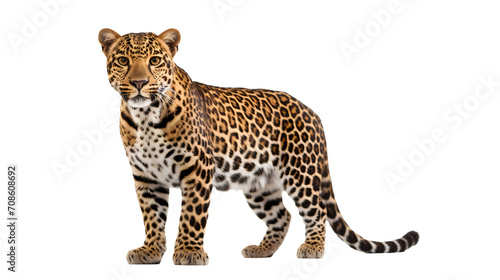 A majestic african leopard stands tall against a pitch black background, its sleek coat and piercing gaze exuding power and grace
