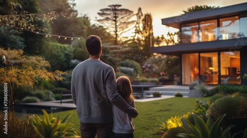 Back view of a contented family standing and hugging while gazing at their modernist home, Generative AI. photo