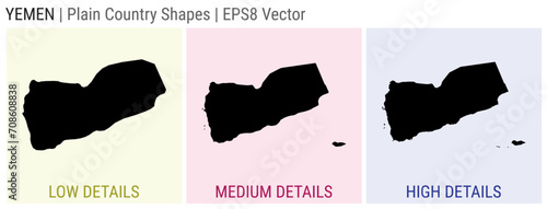 Yemen - plain country shapes. Low, medium, and high detailed maps of Yemen. EPS8 Vector illustration.