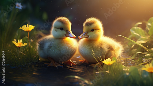 Cute little ducklings on green field in sun rays with yellow flowers