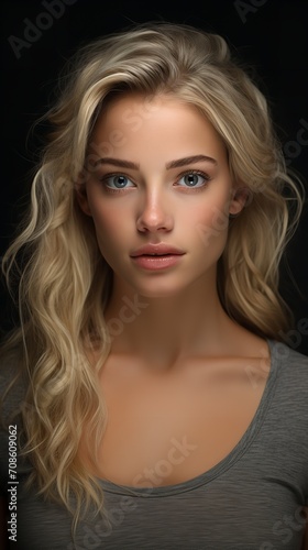 Beautiful blonde Irish girl with a grey backdrop in her portrait, Generative AI.