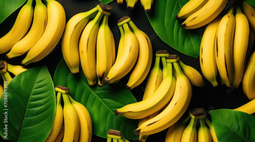 bunch of bananas with leafs in black background, cool fruit
