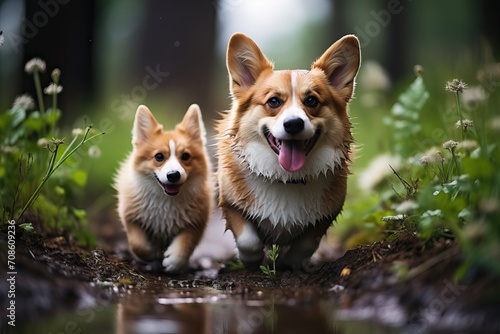 Two corgis with their tongues out lie in the park on the grass.