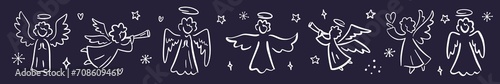 Vector horizontal collection of angels hand-drawn in doodle style. 