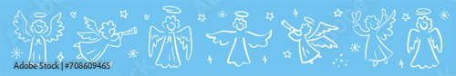 Vector horizontal collection of angels hand-drawn in doodle style.