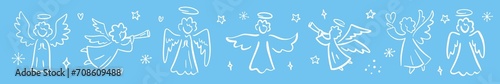 Vector horizontal collection of angels hand-drawn in doodle style.  