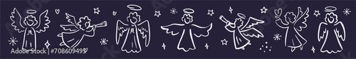 Vector horizontal collection of angels hand-drawn in doodle style.