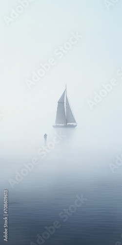 Foggy seascape with a silhouette of a sailboat and a person