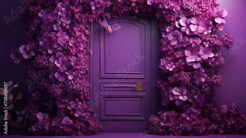 Beautiful volumetric flowers adorn a purple door situated against a blank, purple backdrop, Generative AI. photo