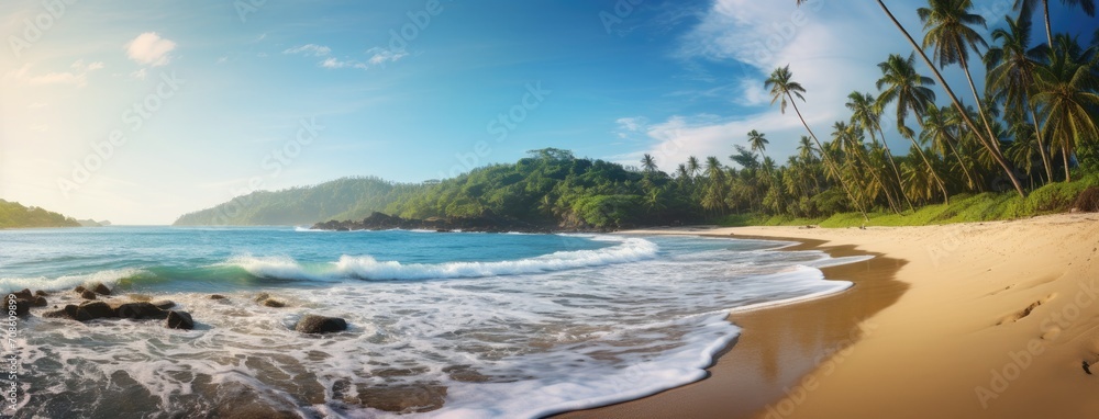 a tropical jungle beach on a sunny day, the calmness of the water with no waves, creating a visually appealing and tranquil composition.